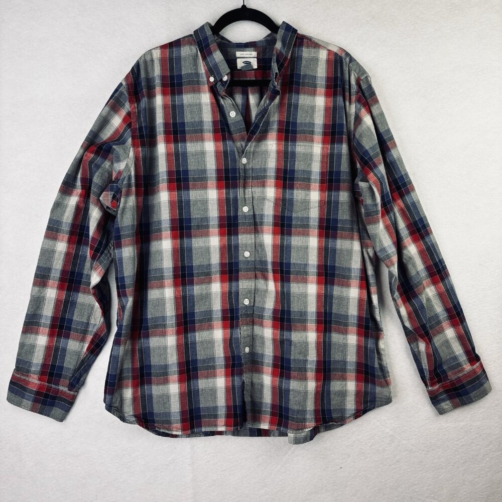 Old Navy Mens XXL Plaid Gray Blue Button Up Shirt Long Sleeve Slim Fit Collar